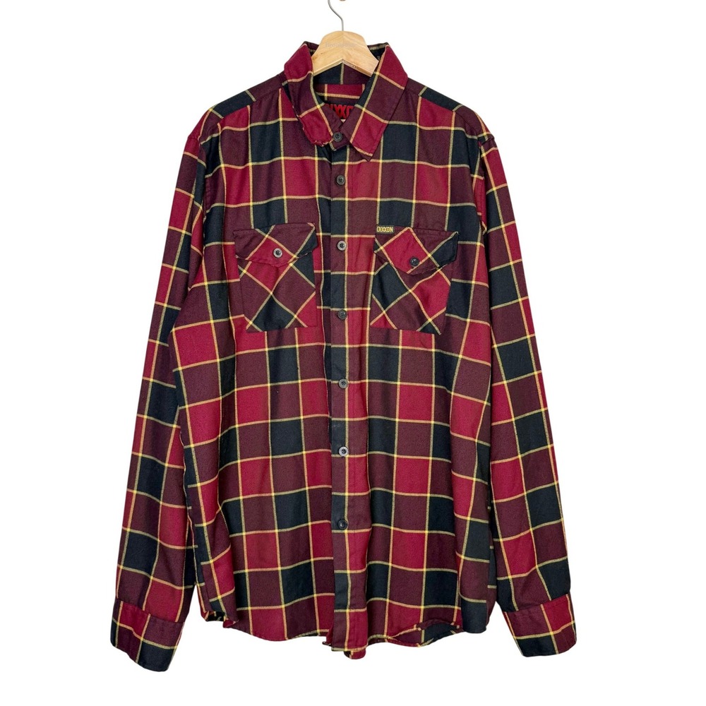 Dixxon‎ Flannel Company Mens Plaid Button Up Shirt Burgundy Black Gold XL